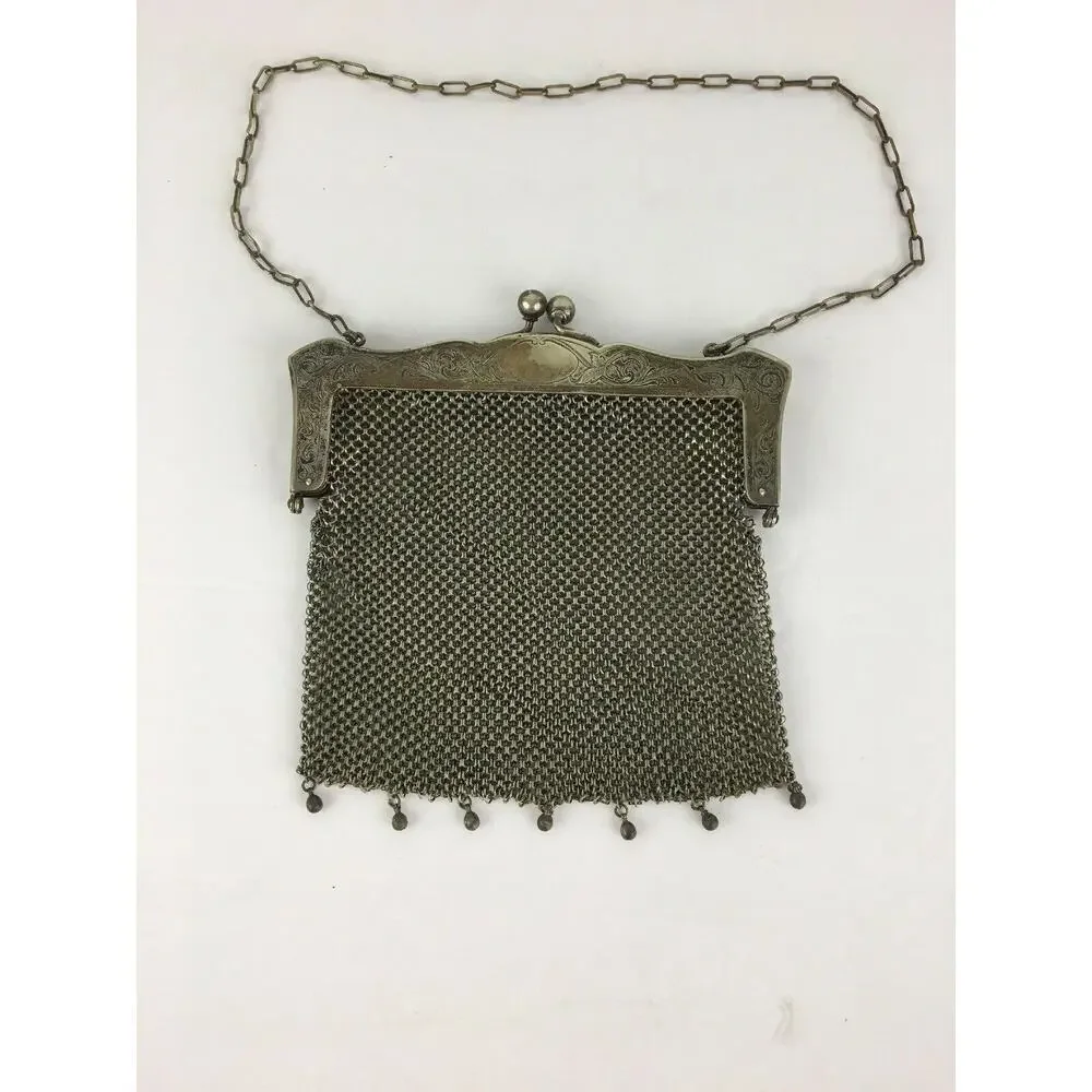 Antique Signed‎ German Silver Mesh Purse Bag Ornate Frame Dangles NB Co Flapper